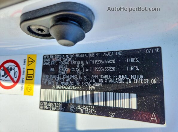 2T2BZMCA0GC045445 2016 LEXUS RX White Панорамний вид салону 360°