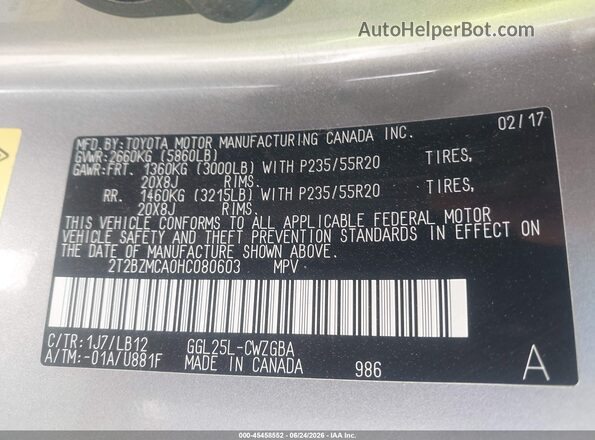 2T2BZMCA0HC080603 2017 LEXUS RX 350 Silver Вид підкапотного простору