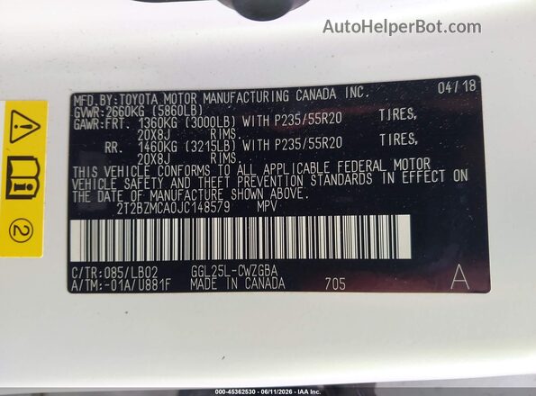 2T2BZMCA0JC148579 2018 LEXUS RX 350 White Вид підкапотного простору
