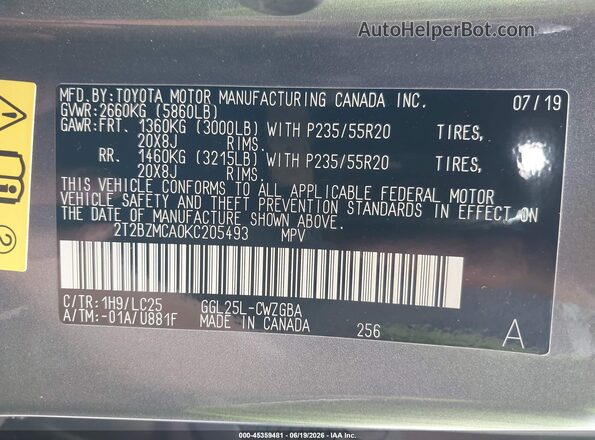 2T2BZMCA0KC205493 2019 LEXUS RX 350 Gray Вид підкапотного простору