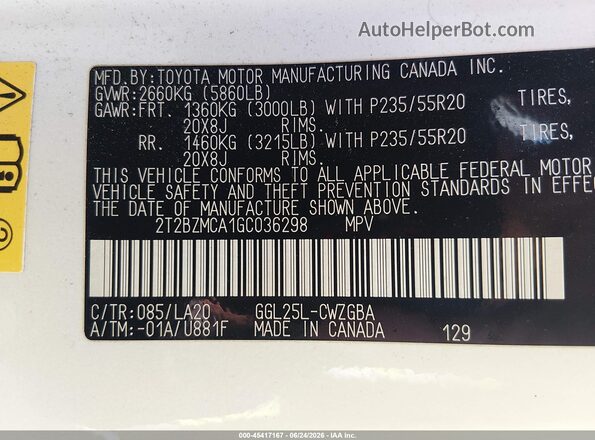 2T2BZMCA1GC036298 2016 LEXUS RX White Engine compartment view