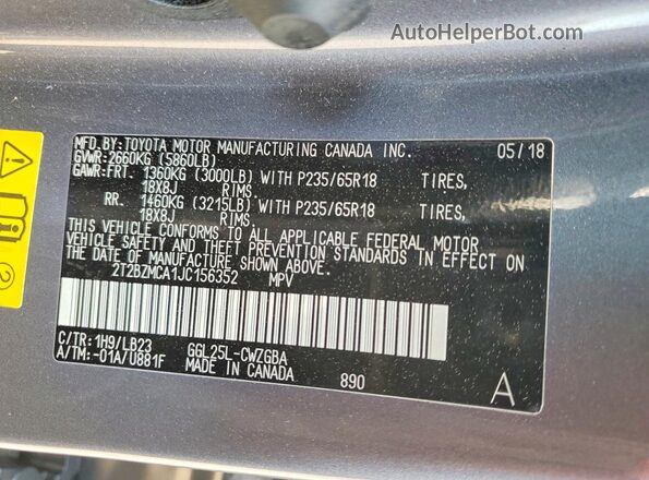 2T2BZMCA1JC156352 2018 LEXUS RX Charcoal Widok naklejki z numerem VIN