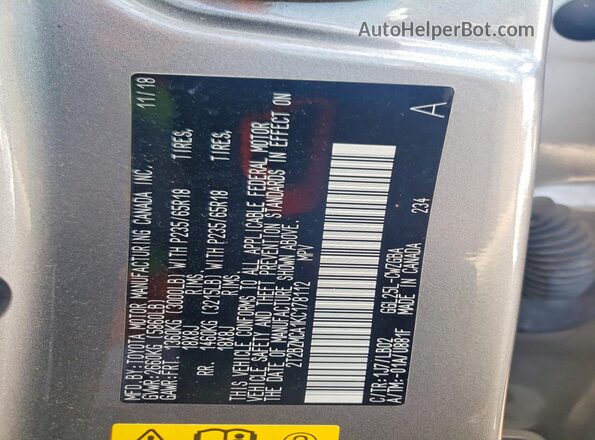 2T2BZMCA1KC178112 2019 LEXUS RX Gray Vista de la etiqueta del VIN