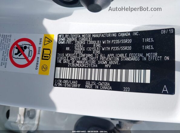 2T2BZMCA2KC211344 2019 LEXUS RX 350 White Engine compartment view
