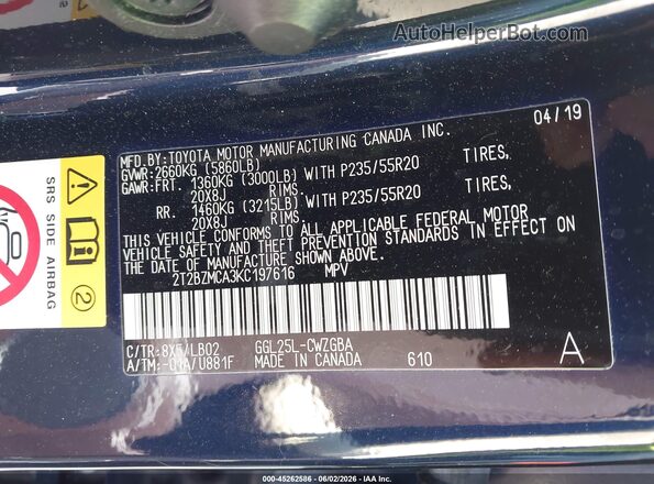 2T2BZMCA3KC197616 2019 LEXUS RX 350 Blue Engine compartment view