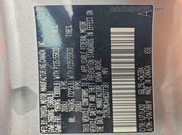 2T2BZMCA4HC077381 2017 LEXUS RX Gray VIN կոդի պիտակի տեսք