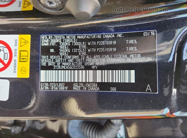2T2BZMCA5GC022596 2016 LEXUS RX Black VIN კოდის სტიკერის ხედი