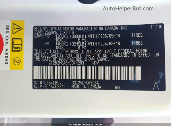 2T2BZMCA5HC071203 2017 LEXUS RX 350 White Engine compartment view