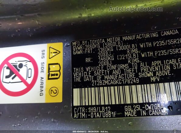 2T2BZMCA6KC178249 2019 LEXUS RX 350 Серый Вид подкапотного пространства