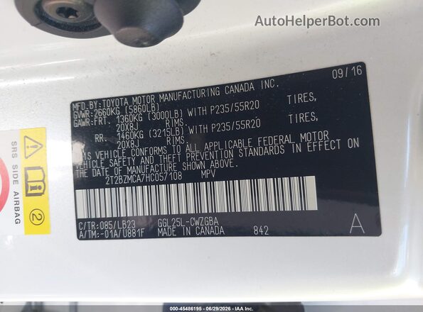 2T2BZMCA7HC057108 2017 LEXUS RX 350 White ძრავის განყოფილების ხედი