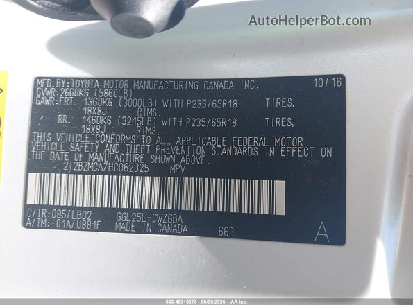 2T2BZMCA7HC062325 2017 LEXUS RX 350 White Engine compartment view