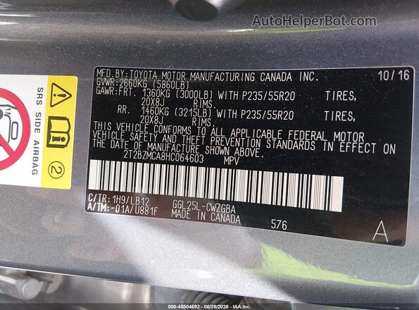2T2BZMCA8HC064603 2017 LEXUS RX 350 Gray ძრავის განყოფილების ხედი