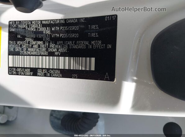 2T2BZMCA8HC078680 2017 LEXUS RX 350 White Engine compartment view