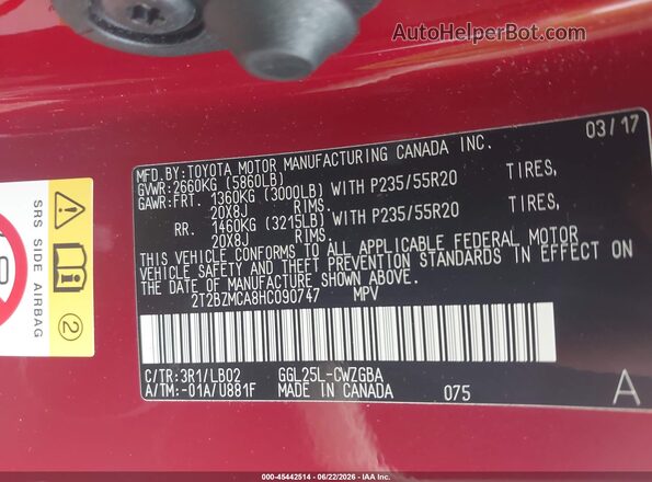 2T2BZMCA8HC090747 2017 LEXUS RX 350 Red ძრავის განყოფილების ხედი