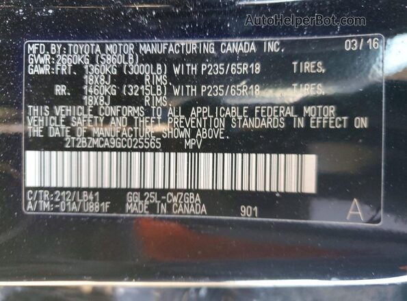 2T2BZMCA9GC025565 2016 LEXUS RX Black Вид наклейки з VIN-кодом