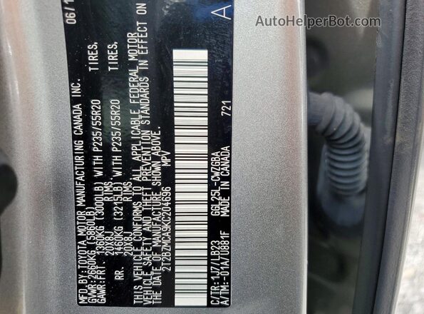 2T2BZMCA9KC204696 2019 LEXUS RX Silver VIN კოდის სტიკერის ხედი