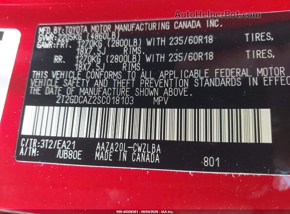 2T2GDCAZ2SC018103 2025 LEXUS NX 250 Red Вид підкапотного простору