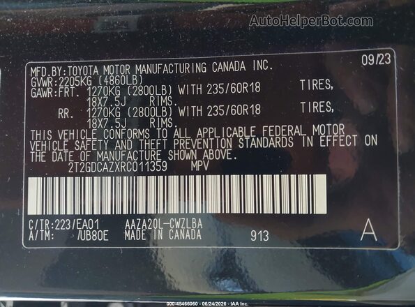 2T2GDCAZXRC011359 2024 LEXUS NX 250 Black Vista del compartimento del motor