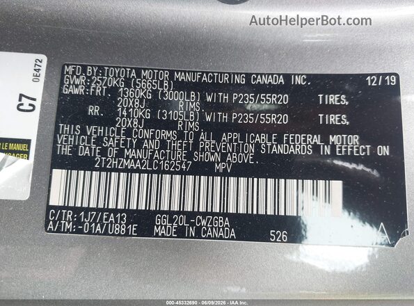 2T2HZMAA2LC162547 2020 LEXUS RX 350 Silver Vista del compartimento del motor
