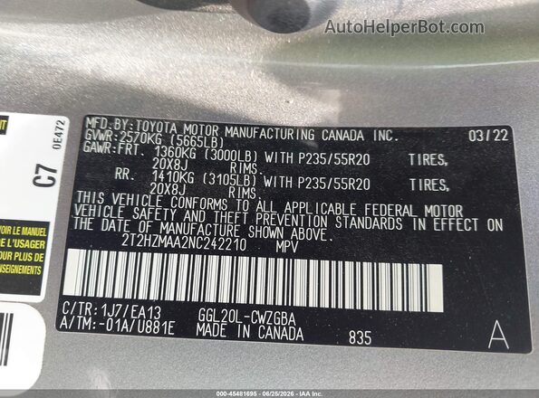 2T2HZMAA2NC242210 2022 LEXUS RX 350 Gray Vista del compartimento del motor