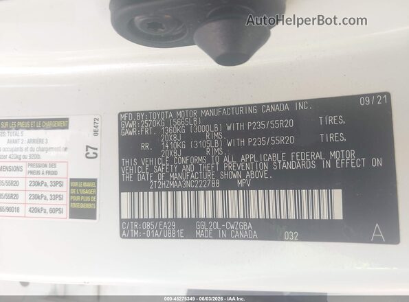 2T2HZMAA3NC222788 2022 LEXUS RX 350 White ძრავის განყოფილების ხედი