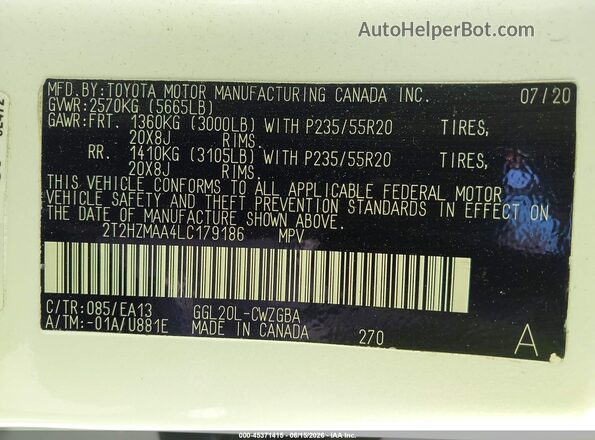 2T2HZMAA4LC179186 2020 LEXUS RX 350 White 