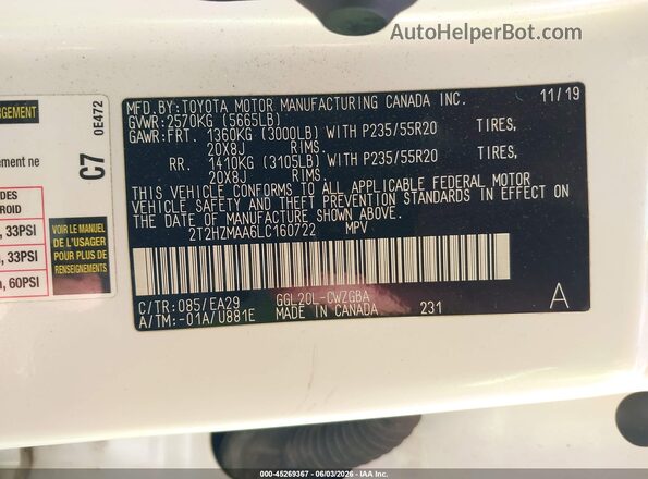 2T2HZMAA6LC160722 2020 LEXUS RX 350 White Շարժիչի բաժամունքի տեսք