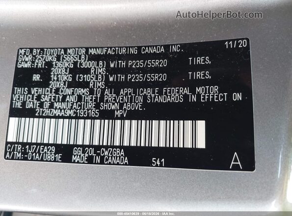 2T2HZMAA9MC193165 2021 LEXUS RX 350 Серебряный Вид подкапотного пространства