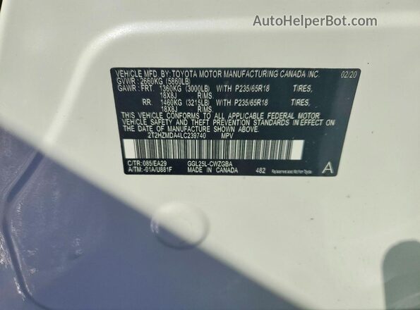 2T2HZMDA4LC239740 2020 LEXUS RX White Widok naklejki z numerem VIN