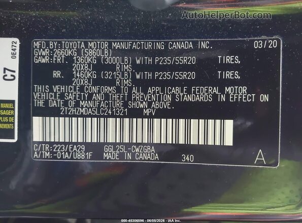 2T2HZMDA5LC241321 2020 LEXUS RX 350 Black Вид підкапотного простору