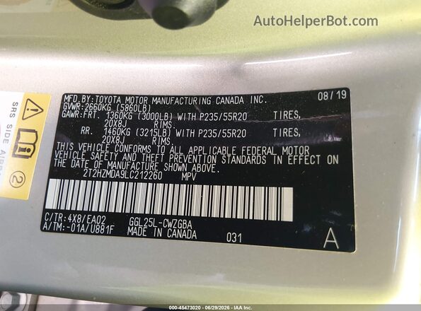 2T2HZMDA9LC212260 2020 LEXUS RX 350 Gold Вид підкапотного простору
