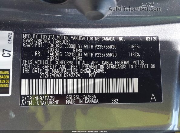 2T2HZMDAXLC242724 2020 LEXUS RX 350 Серый Вид подкапотного пространства