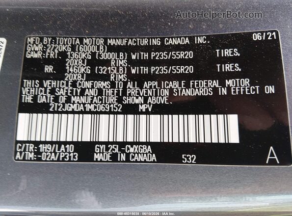2T2JGMDA1MC069152 2021 LEXUS RX 450H Gray Vista del compartimento del motor
