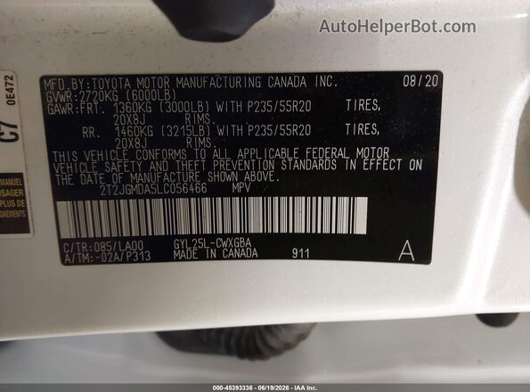 2T2JGMDA5LC056466 2020 LEXUS RX 450H White ძრავის განყოფილების ხედი