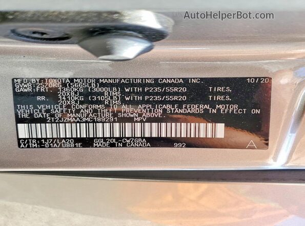 2T2JZMAA3MC189291 2021 LEXUS RX Silver VIN კოდის სტიკერის ხედი