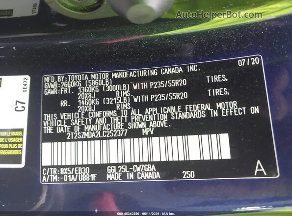 2T2SZMDA2LC252377 2020 LEXUS RX 350 Blue Engine compartment view