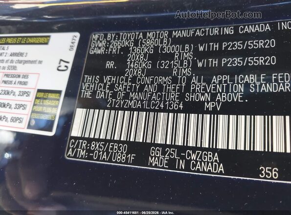 2T2YZMDA1LC241364 2020 LEXUS RX 350 Blue Շարժիչի բաժամունքի տեսք