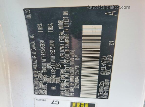 2T2YZMDA4LC257218 2020 LEXUS RX White VIN sticker view