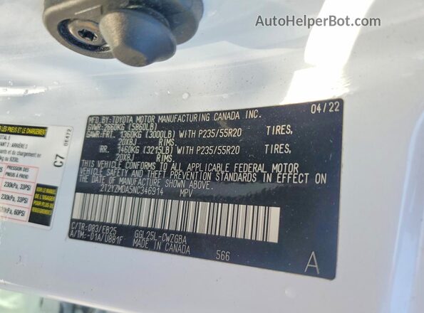 2T2YZMDA5NC346914 2022 LEXUS RX Белый Вид наклейки с VIN-кодом