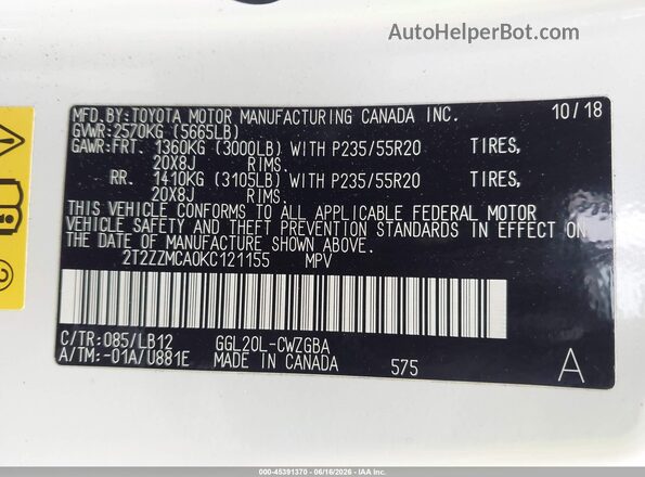 2T2ZZMCA0KC121155 2019 LEXUS RX 350 Белый Вид подкапотного пространства