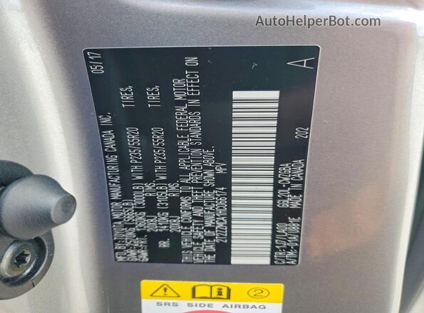 2T2ZZMCA1HC066174 2017 LEXUS RX Gray Vista de la etiqueta del VIN