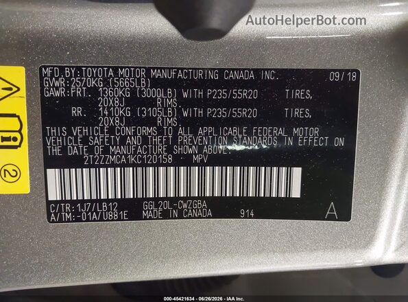 2T2ZZMCA1KC120158 2019 LEXUS RX 350 Silver Widok komory silnika