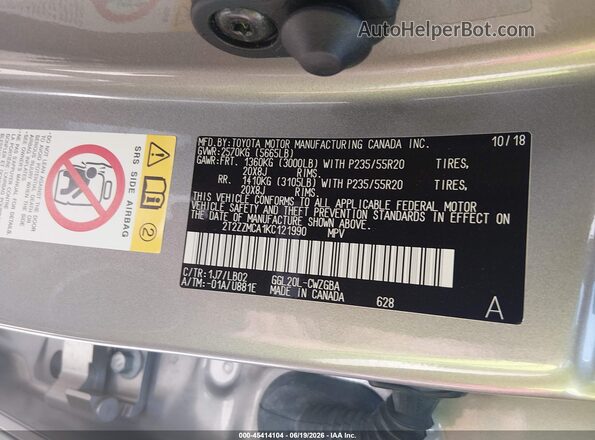 2T2ZZMCA1KC121990 2019 LEXUS RX 350 Gold Vista del compartimento del motor