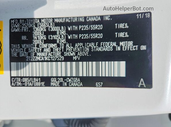 2T2ZZMCA1KC127529 2019 LEXUS RX White VIN կոդի պիտակի տեսք
