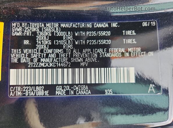 2T2ZZMCA3KC144672 2019 LEXUS RX Black Widok naklejki z numerem VIN