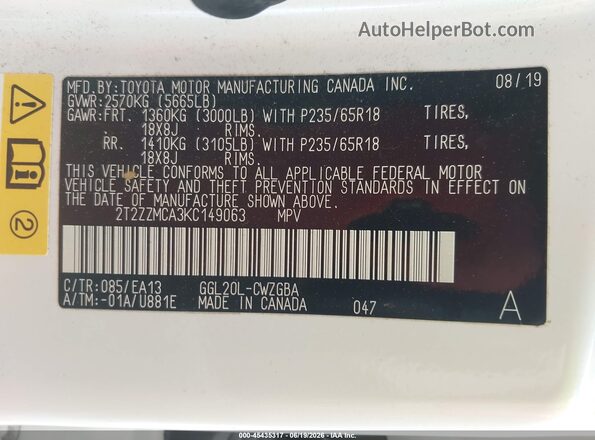 2T2ZZMCA3KC149063 2019 LEXUS RX 350 Белый Вид подкапотного пространства