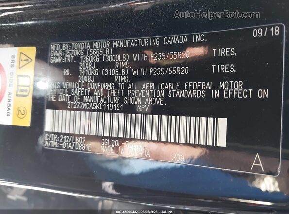 2T2ZZMCA5KC119191 2019 LEXUS RX 350 Black Vista del compartimento del motor