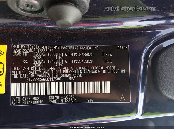 2T2ZZMCA6KC117580 2019 LEXUS RX 350 Blue ძრავის განყოფილების ხედი