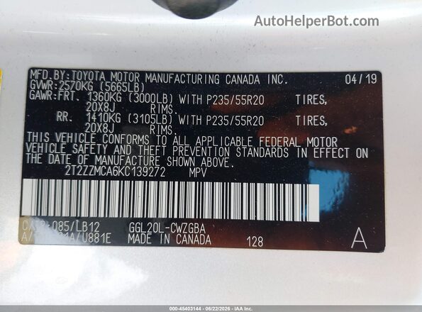 2T2ZZMCA6KC139272 2019 LEXUS RX 350 White Вид підкапотного простору