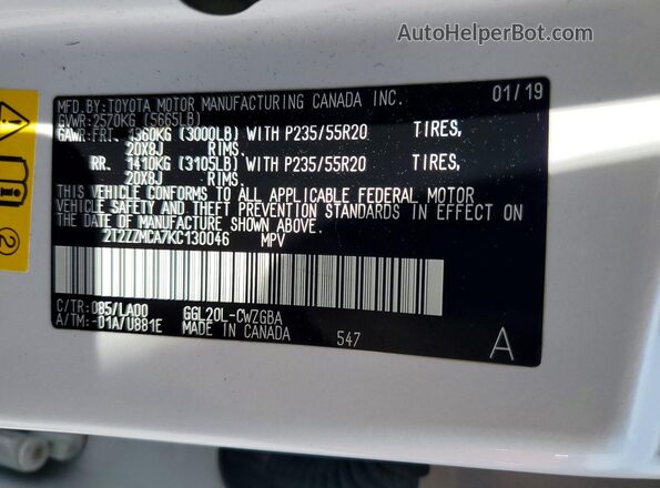 2T2ZZMCA7KC130046 2019 LEXUS RX White VIN sticker view